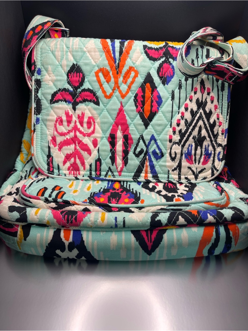 Vera Bradley Aqua Quilted Crossbody with Bright Ikat Print